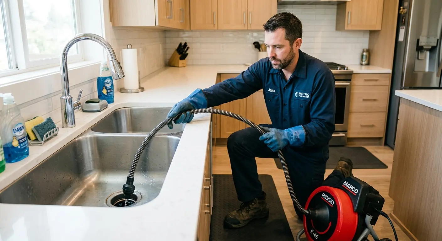 Drain cleaning technician using a motorized snake on a kitchen sink in Mount Laurel