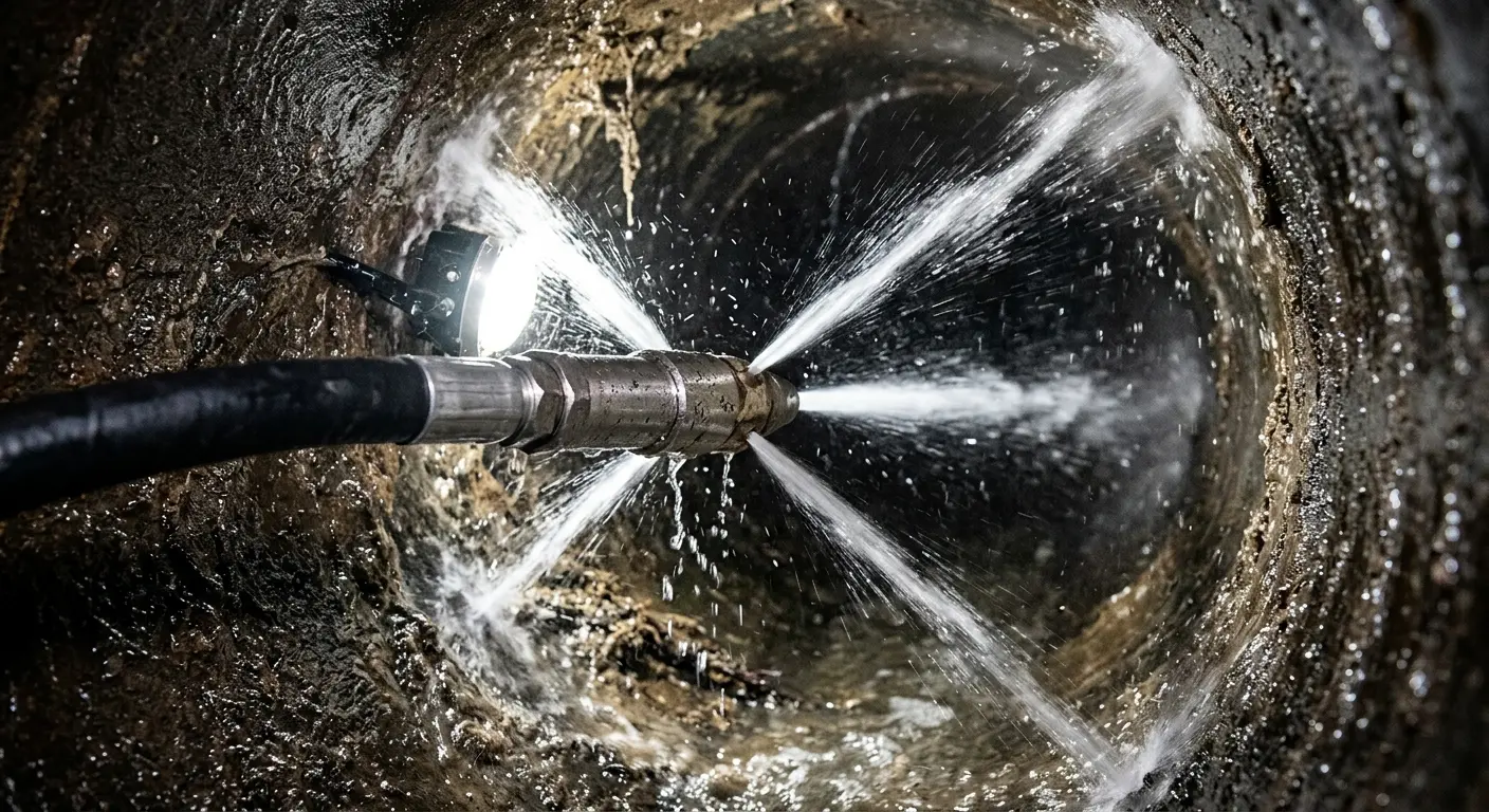 High-pressure hydro jetting nozzle cleaning sewer pipe for Trenchless Sewer Repair in Mount Laurel