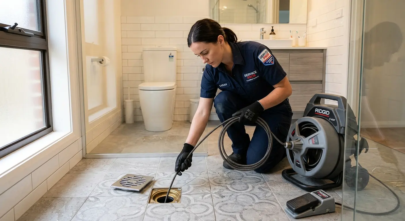 Technician clearing a bathroom floor drain for Sewer Line Replacement in Mount Laurel